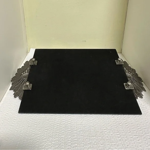 Vintage Enamel Rhinestone Pewter Peacock Mirror Vanity Tray